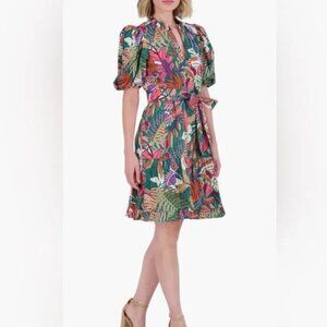 Vince Camuto Women's Printed Puff-Sleeve Cotton Dress Size 10